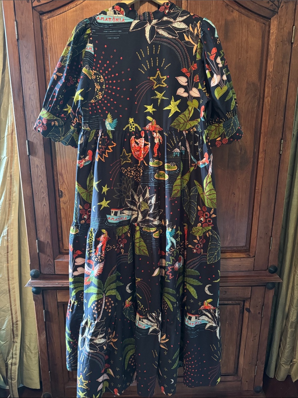 EUC FARM RIO ANTHROPOLOGIE PUFF SLEEVE BUTTONDOWN BLACK TROPICAL MAXI DRESS. M - Picture 9 of 17